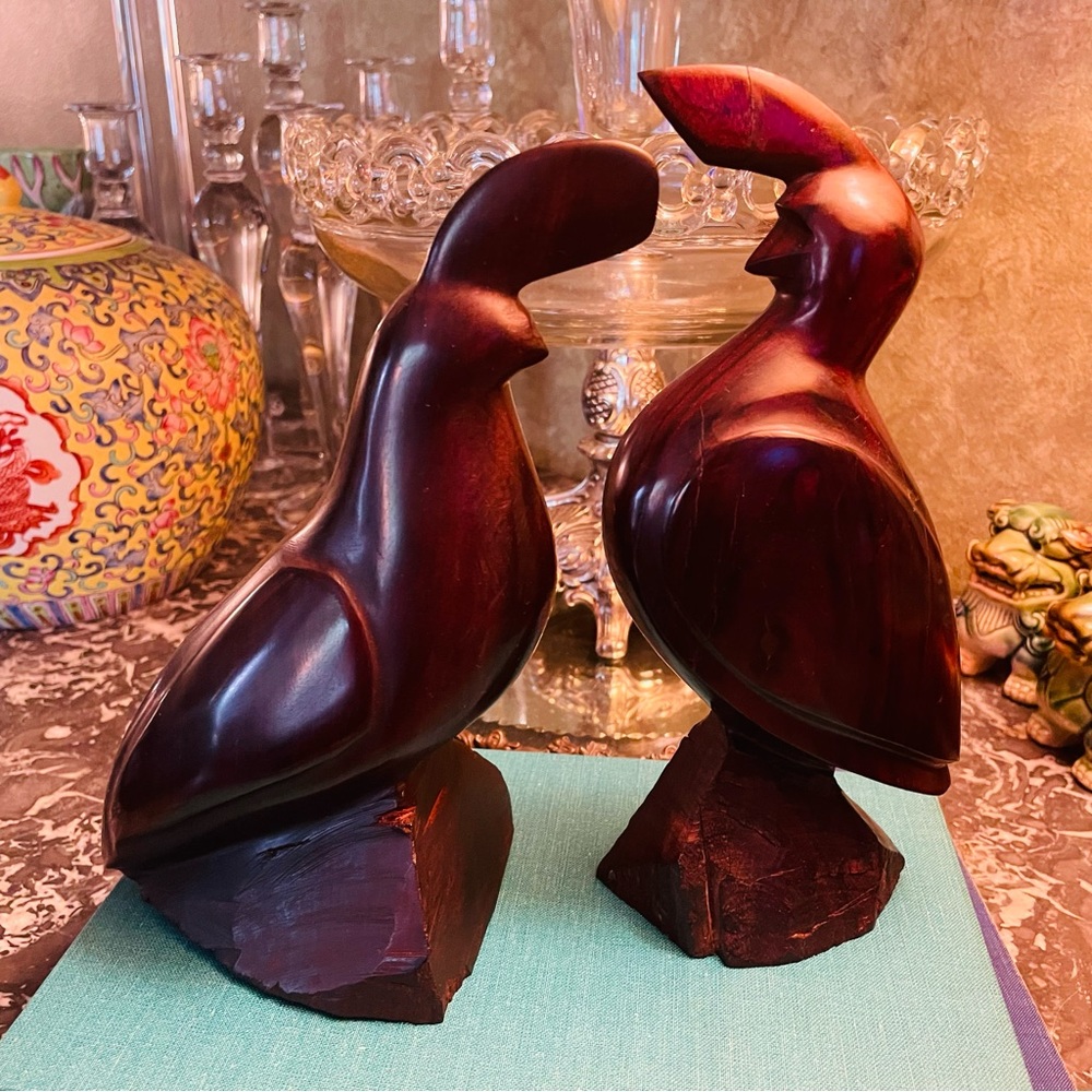 Ironwood Quail Sculpture Vintage Carved Ironwood Set of 2